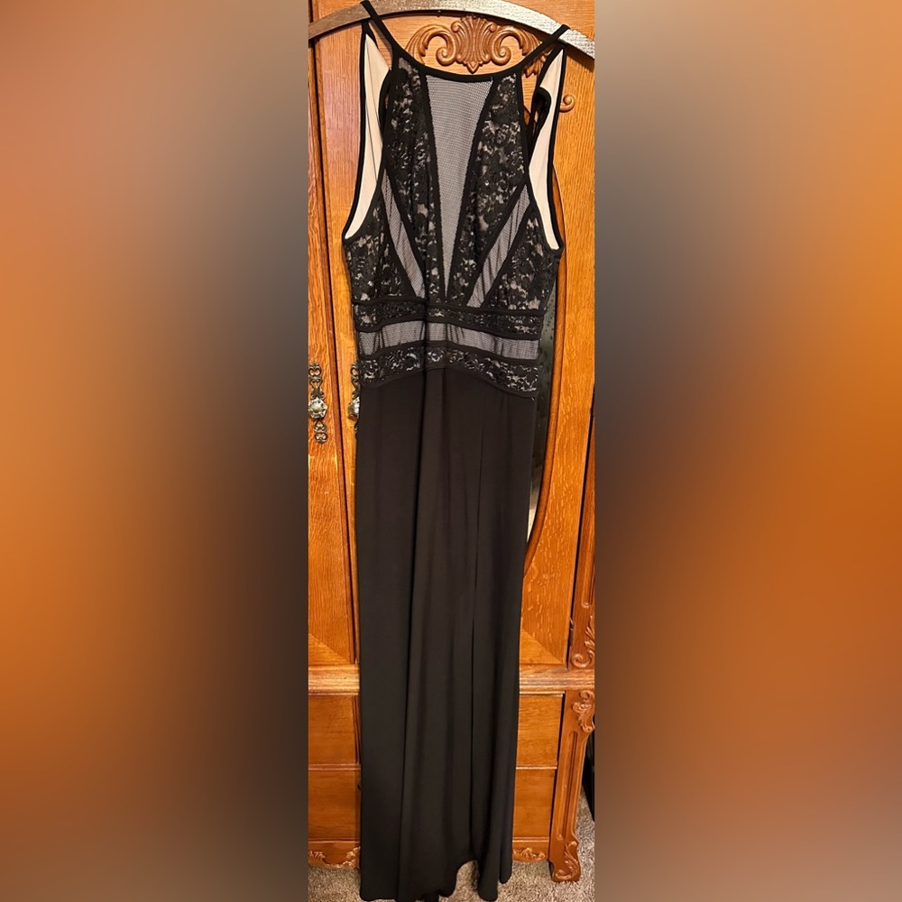 Black and nude formal dress with sequin, netting, and open back detail Size11/12